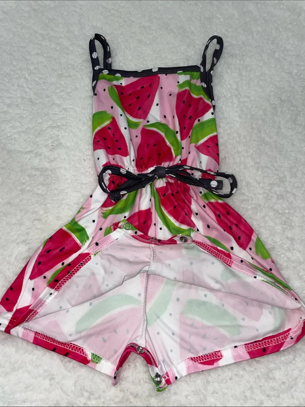 Pink Watermelon Print Romper with Polka Dot Trim
